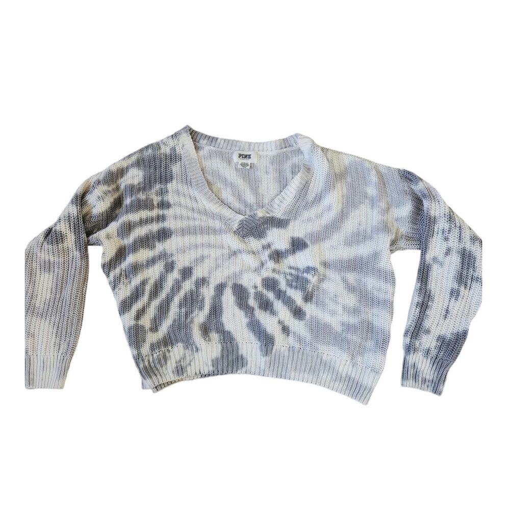PINK Victoria’s Secret Cropped Sweater Large Gray Tie Dye Knit